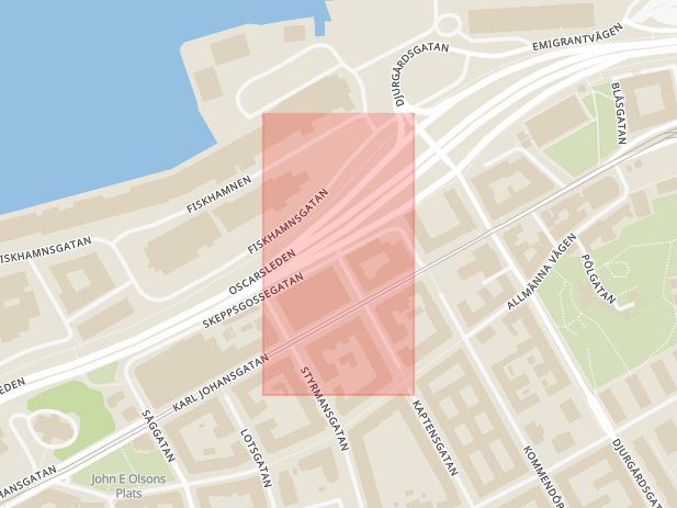 Karta som med röd fyrkant ramar in Majorna, Kaptensgatan, Skeppsgossegatan, Göteborg, Västra Götalands län