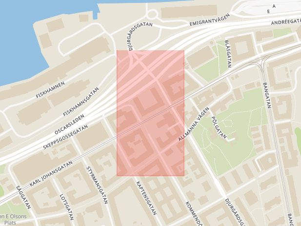 Karta som med röd fyrkant ramar in Göteborg, Andra Långgatan, Lilla London, Kungsportsavenyn, Karl Johansgatan, Västra götalands län, Västra Götalands län