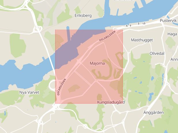 Karta som med röd fyrkant ramar in Linnégatan, Järntorget, Karl Johansgatan, Olskrokstorget, Göteborg, Västra Götalands län