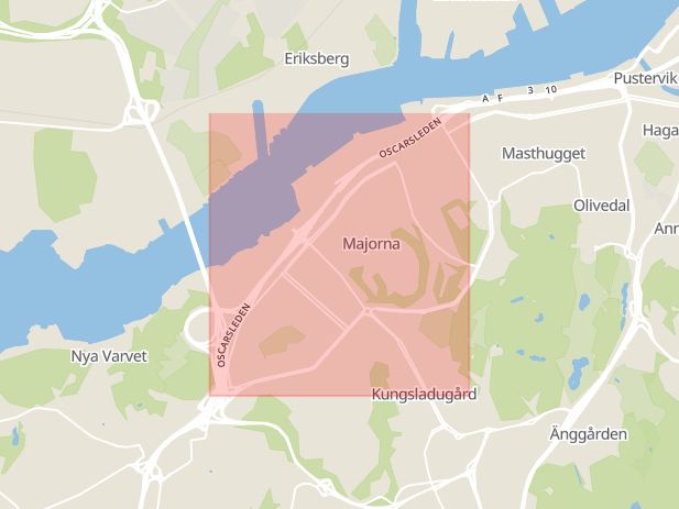 Karta som med röd fyrkant ramar in Majorna, Karl Johansgatan, Göteborg, Västra Götalands län