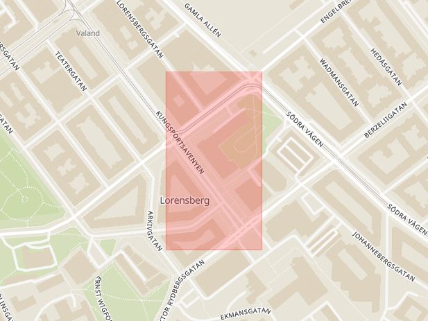Karta som med röd fyrkant ramar in Göteborg, Park Lane, Kungsportsavenyn, Västra Götalands län