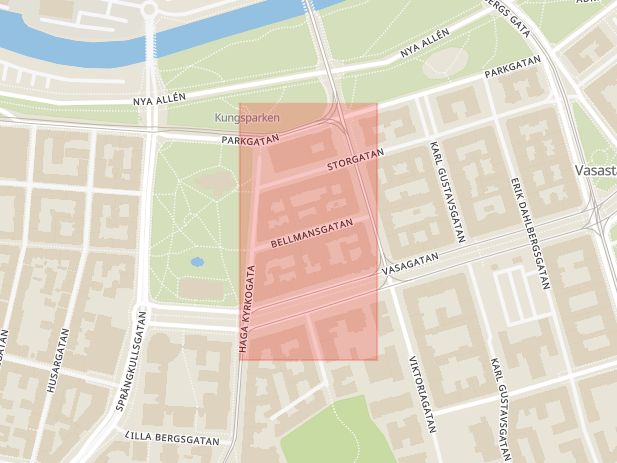 Karta som med röd fyrkant ramar in Bellmansgatan, Göteborg, Kungälv, Byttorp, Alingsås, Västra götalands län, Västra Götalands län