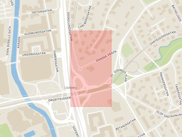 Karta som med röd fyrkant ramar in Örgryte Gamla Kyrka, Göteborg, Västra Götalands län