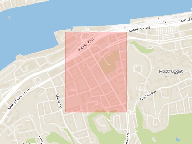 Karta som med röd fyrkant ramar in Djurgårdsgatan, Göteborg, Västra Götalands län