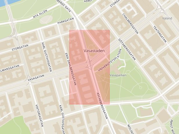 Karta som med röd fyrkant ramar in Aschebergsgatan, Vasagatan, Göteborg, Västra Götalands län