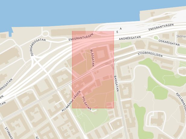 Karta som med röd fyrkant ramar in Karl Johansgatan, Stigbergstorget, Göteborg, Västra Götalands län