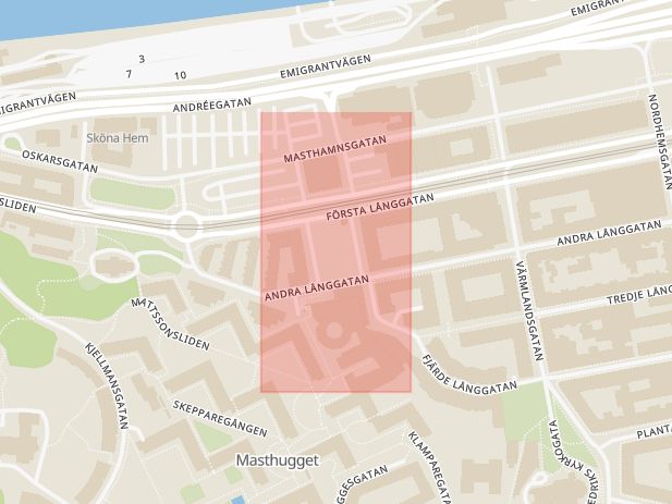 Karta som med röd fyrkant ramar in Masthuggstorget, Göteborg, Västra Götalands län