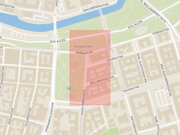 Karta som med röd fyrkant ramar in Öckerögatan, Göteborg, Storgatan, Västra Götalands län