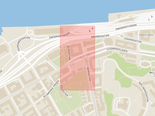 Karta som med röd fyrkant ramar in Stigbergstorget, Göteborg, Västra Götalands län