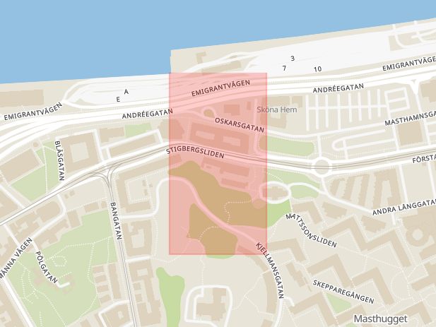 Karta som med röd fyrkant ramar in Första Långgatan, Stigbergsliden, Göteborg, Västra Götalands län