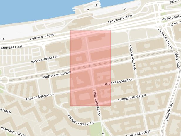 Karta som med röd fyrkant ramar in Första Långgatan, Värmlandsgatan, Nordhemsgatan, Göteborg, Västra Götalands län