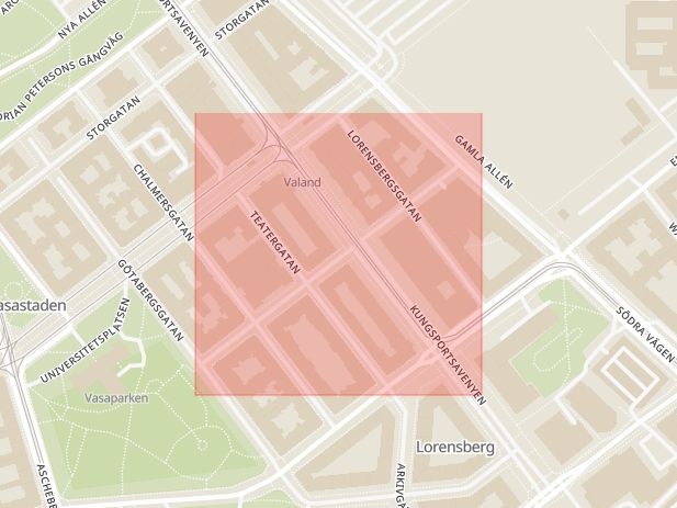 Karta som med röd fyrkant ramar in Kristinelundsgatan, Göteborg, Västra Götalands län