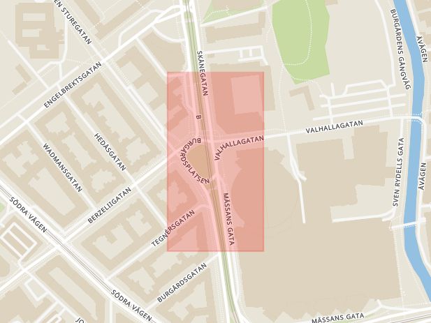 Karta som med röd fyrkant ramar in Skånegatan, Valhallagatan, Göteborg, Västra Götalands län