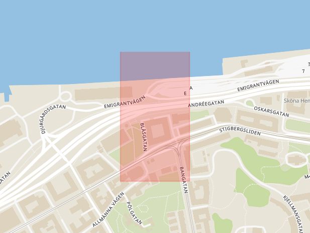Karta som med röd fyrkant ramar in Masthugget, Henriksbergsgatan, Göteborg, Västra Götalands län