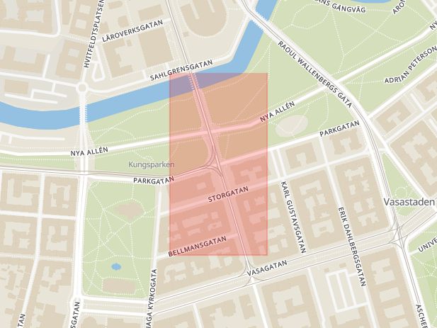 Karta som med röd fyrkant ramar in Parkgatan, Viktoriagatan, Göteborg, Västra Götalands län