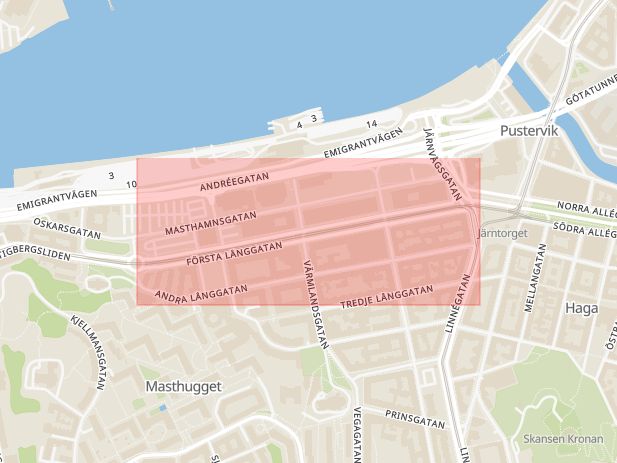 Karta som med röd fyrkant ramar in Första Långgatan, Göteborg, Västra Götalands län