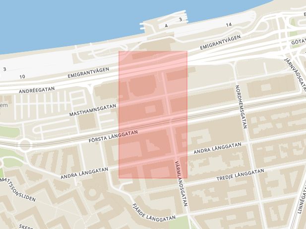 Karta som med röd fyrkant ramar in Värmlandsgatan, Första Långgatan, Göteborg, Västra Götalands län