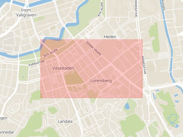 Karta som med röd fyrkant ramar in Göteborg, Engelbrektsgatan, Storgatan, Uddevalla, Packhusgatan, Nordmannerödsvägen, Västra Götalands län