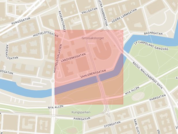 Karta som med röd fyrkant ramar in Sahlgrensgatan, Göteborg, Västra Götalands län