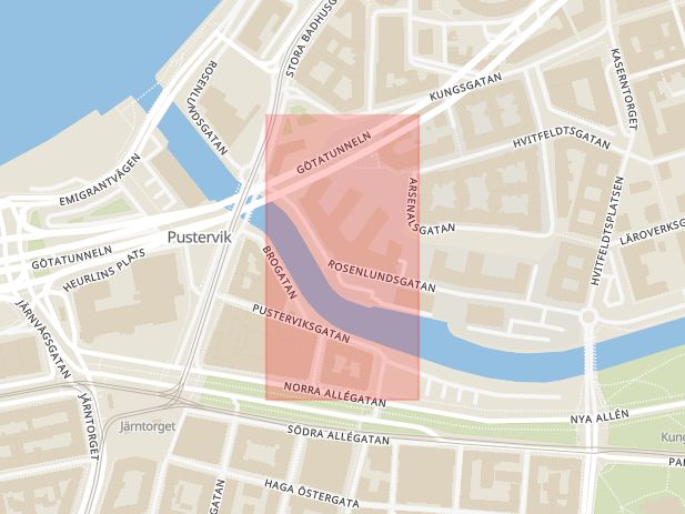Karta som med röd fyrkant ramar in Rosenlundsgatan, Pantbank, Göteborg, Västra Götalands län