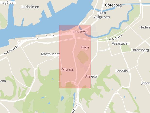Karta som med röd fyrkant ramar in Olivedal, Göteborg, Västra Götalands län