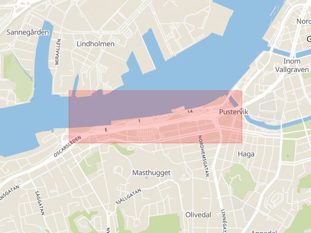 Karta som med röd fyrkant ramar in Emigrantvägen, Göteborg, Västra Götalands län