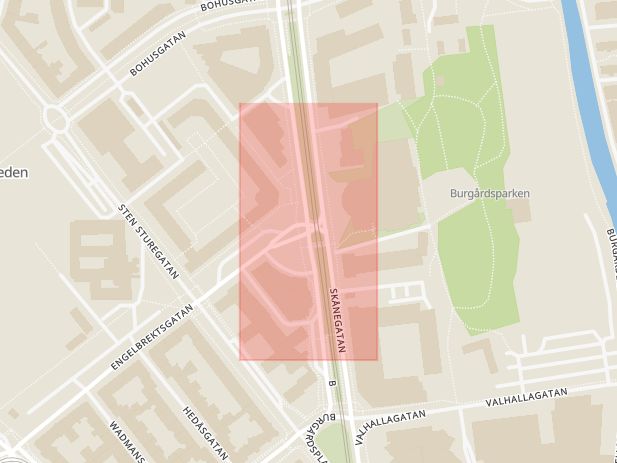 Karta som med röd fyrkant ramar in Engelbrektsgatan, Skånegatan, Göteborg, Västra Götalands län
