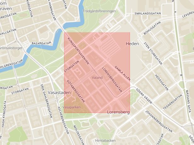Karta som med röd fyrkant ramar in Lorensberg, Kungsportsavenyn, Göteborg, Västra Götalands län