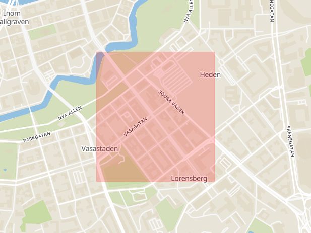 Karta som med röd fyrkant ramar in Trollhättan, Lextorpsvägen, Spränga, Göteborg, Kungsportsavenyn, Västra Götalands län