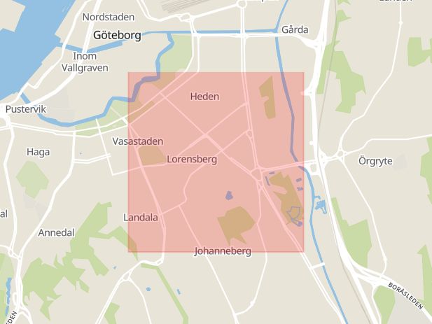Karta som med röd fyrkant ramar in Göteborg, Parkgatan, Torslanda, Ulricehamn, Wieselgrensplatsen, Mölndalsvägen, Södra Vägen, Västra Götalands län