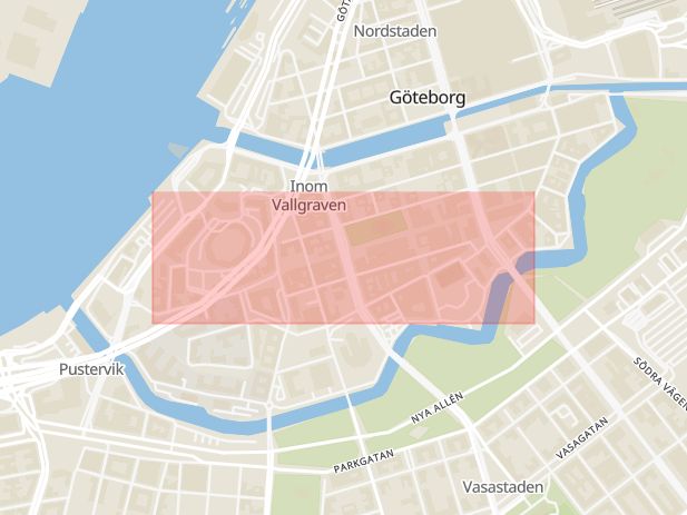 Karta som med röd fyrkant ramar in Otterhällan, Kungsgatan, Göteborg, Västra Götalands län