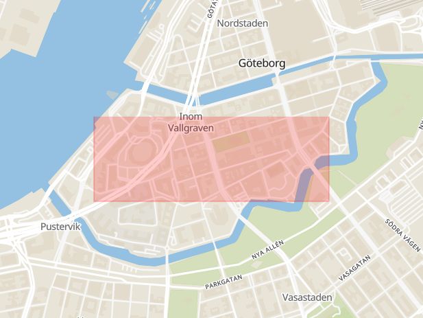 Karta som med röd fyrkant ramar in Domkyrkan, Kungsgatan, Norra Hamngatan, Sahlgrenska Sjukhuset, Göteborg, Västra Götalands län