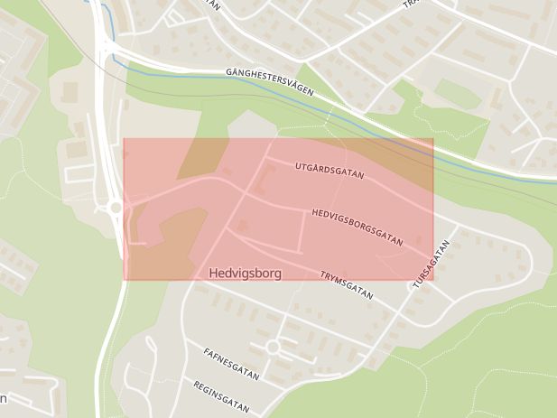 Karta som med röd fyrkant ramar in Hedvigsborgsgatan, Borås, Västra Götalands län