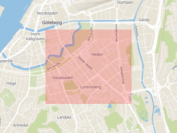 Karta som med röd fyrkant ramar in Korsgatan, Göteborg, Västra Götalands län