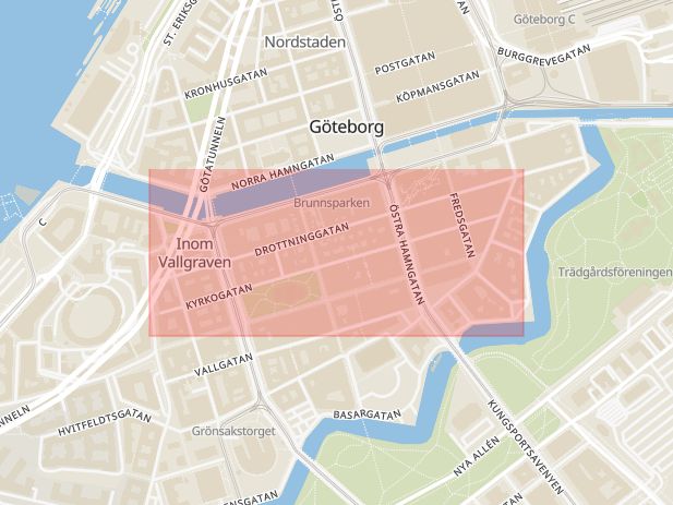 Karta som med röd fyrkant ramar in Kyrkogatan, Göteborg, Västra Götalands län
