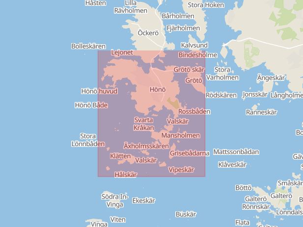 Karta som med röd fyrkant ramar in Hönö, Öckerö, Västra Götalands län