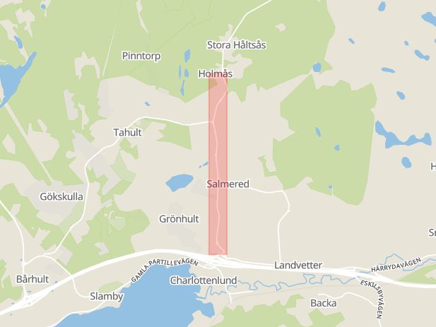 Karta som med röd fyrkant ramar in Härkeshultsvägen, Härryda, Västra Götalands län