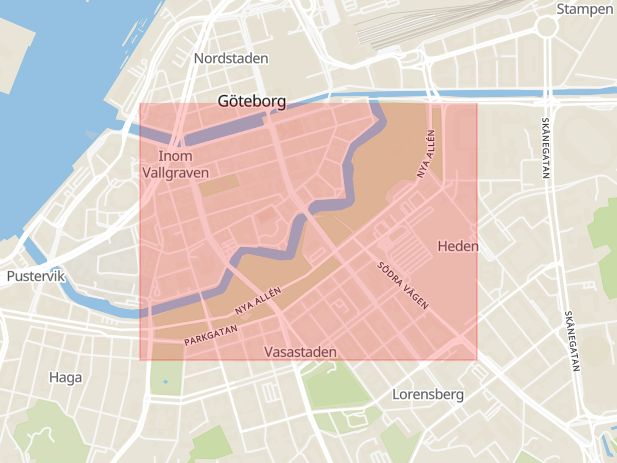 Karta som med röd fyrkant ramar in Parkgatan, Göteborg, Västra Götalands län