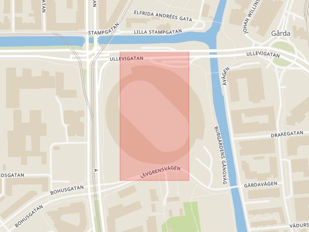 Karta som med röd fyrkant ramar in Ica Focus, Skånegatan, Ullevi, Göteborg, Västra Götalands län
