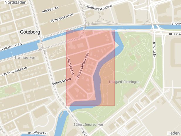 Karta som med röd fyrkant ramar in Stora Nygatan, Göteborg, Västra Götalands län