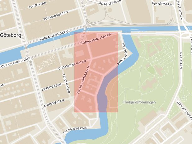 Karta som med röd fyrkant ramar in Lilla Drottninggatan, Göteborg, Västra Götalands län