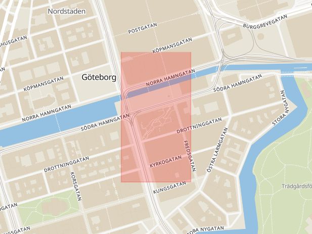 Karta som med röd fyrkant ramar in Norra Hamngatan, Arkaden, Göteborg, Västra Götalands län