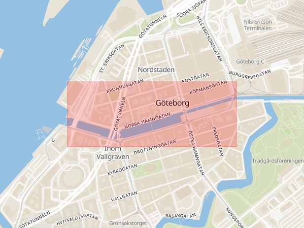 Karta som med röd fyrkant ramar in Norra Hamngatan, Göteborg, Västra Götalands län