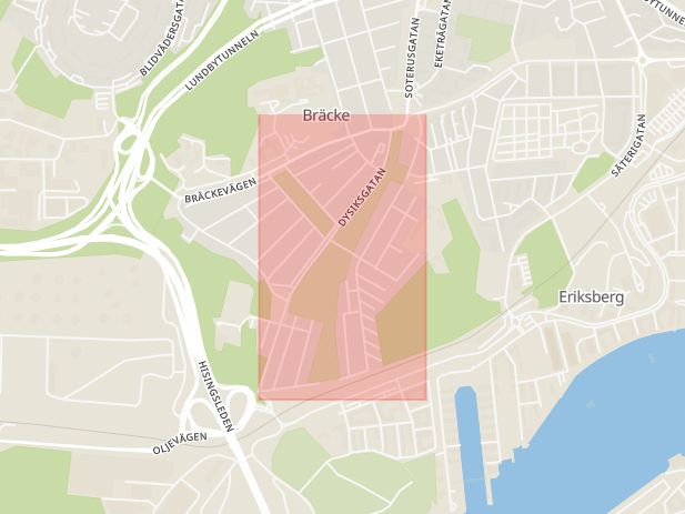 Karta som med röd fyrkant ramar in Londongatan, Bräcke, Göteborg, Västra Götalands län