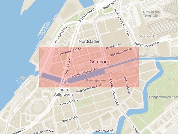 Karta som med röd fyrkant ramar in Göteborg, Seglaregatan, Norra Hamngatan, Stenungsund, Berg, Västra götalands län, Västra Götalands län