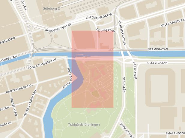 Karta som med röd fyrkant ramar in Trädgårdsföreningen, Göteborg, Västra Götalands län