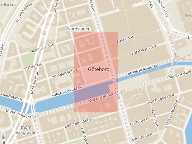 Karta som med röd fyrkant ramar in Gustaf Adolfs Torg, Harry Hjörnes Plats, Göteborg, Västra Götalands län