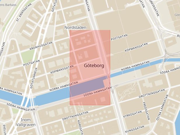 Karta som med röd fyrkant ramar in Gustav Adolfs Torg, Göteborg, Västra Götalands län