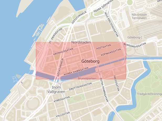 Karta som med röd fyrkant ramar in Norra Hamngatan, Göteborg, Västra Götalands län