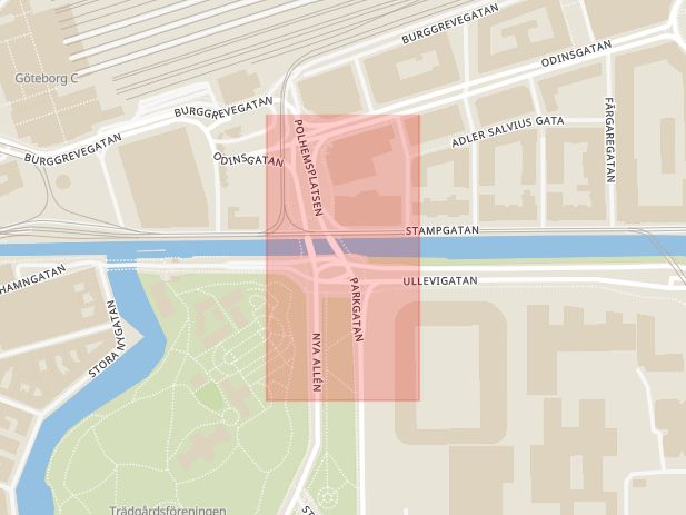 Karta som med röd fyrkant ramar in Östra Stampbron, Östra Sjukhuset, Göteborg, Västra Götalands län